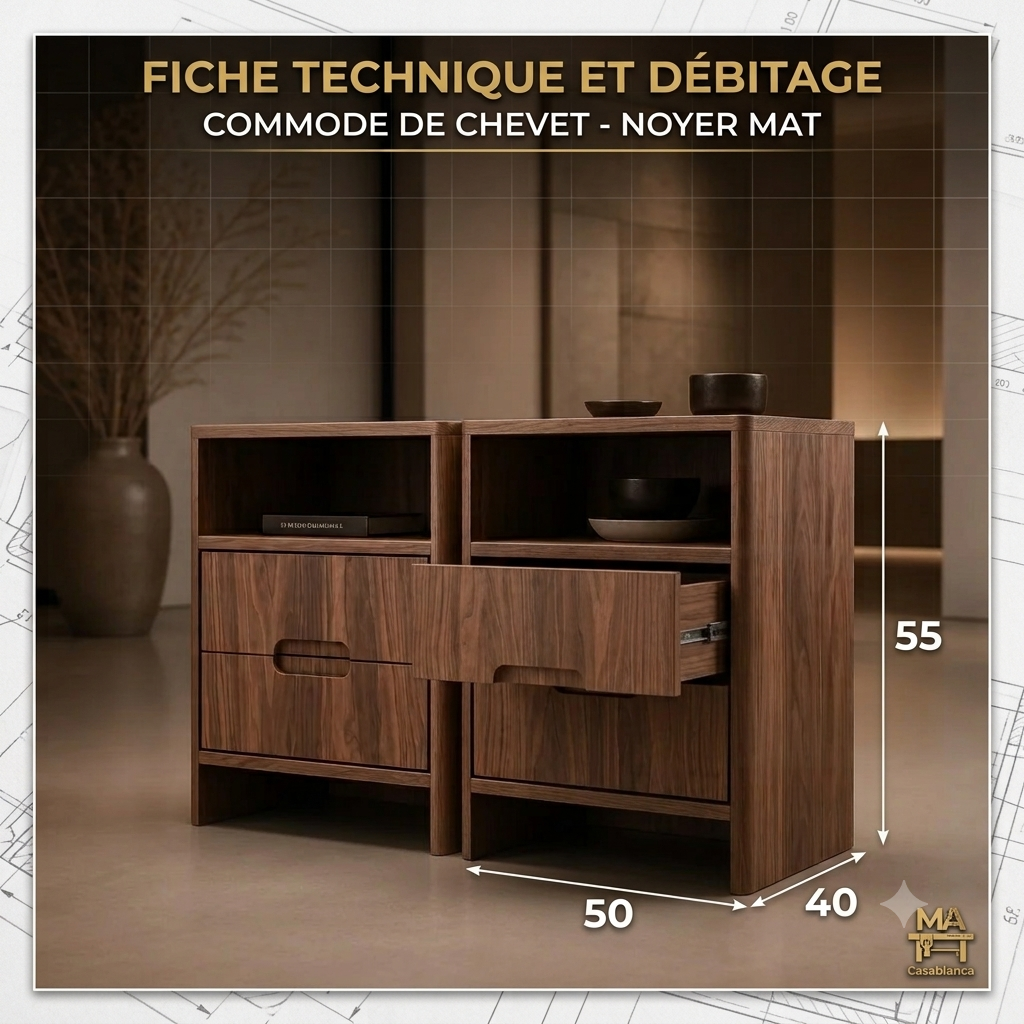 Commode moderne en bois de noyer avec tiroirs et niche de rangement.