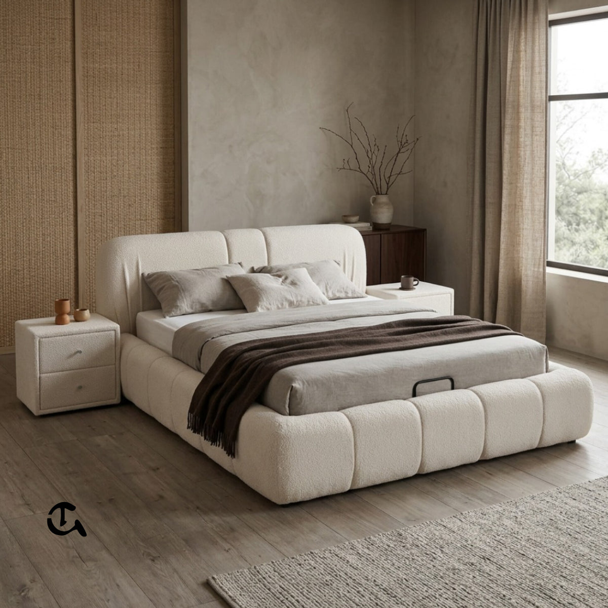Chambre Bouclé Cozy : Lit design en tissu bouclé douillet et deux tables de chevet assorties. Une ambiance chaleureuse et épurée.