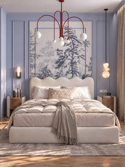 Lit Onde - Un lit au design moderne et élégant qui allie un confort exceptionnel à une esthétique raffinée. Doté d'une tête de lit enveloppante et d'un revêtement de haute qualité, il s'intègre parfaitement dans toutes les chambres pour un sommeil tout en
