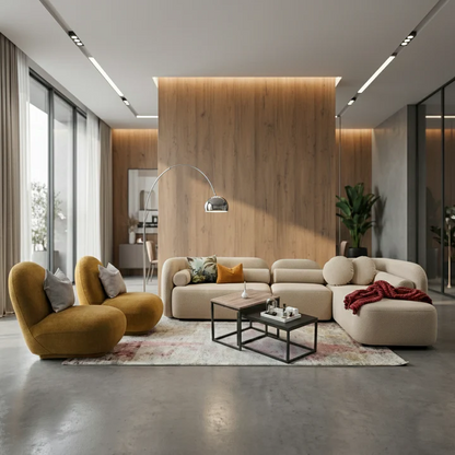 Élégance Moderne & Chaleur Boisée
Un salon contemporain d'exception alliant le confort de fauteuils texturés à la noble chaleur du bois pour un intérieur ultra-chic.