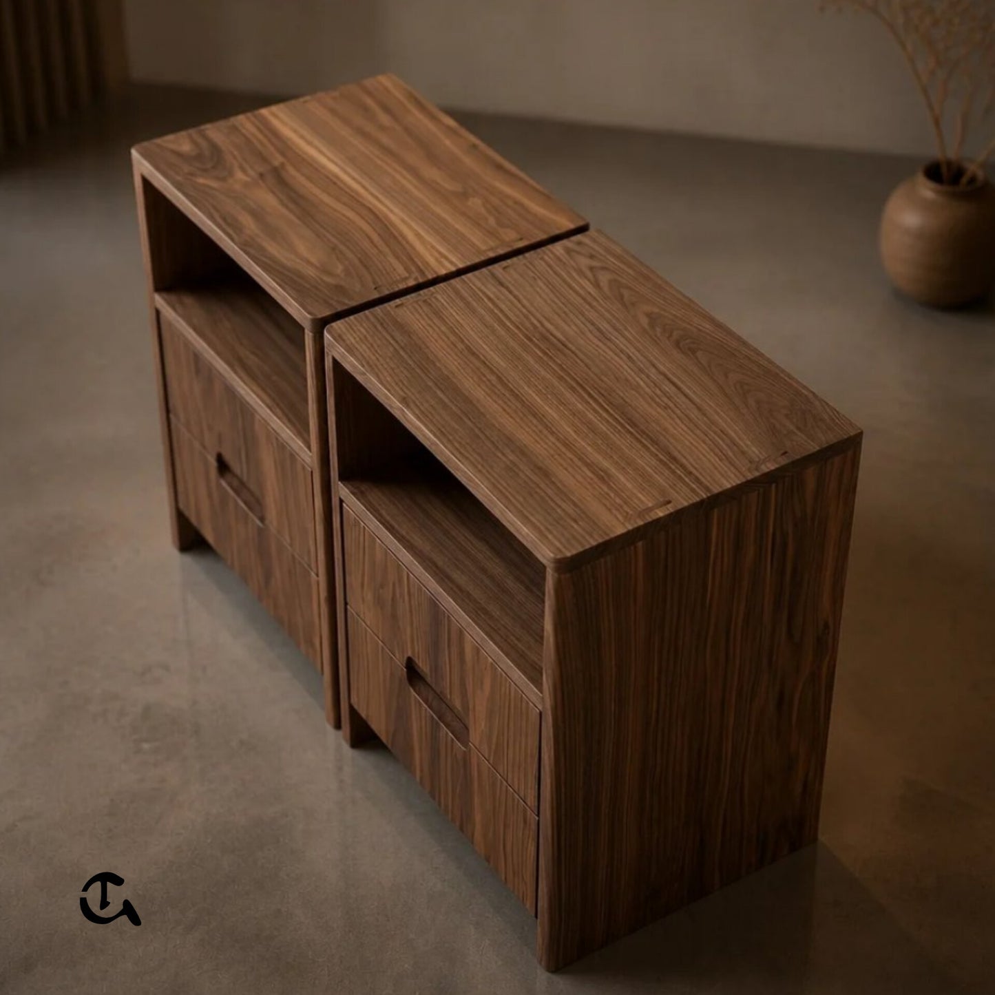 Commode moderne en bois de noyer avec tiroirs et niche de rangement.