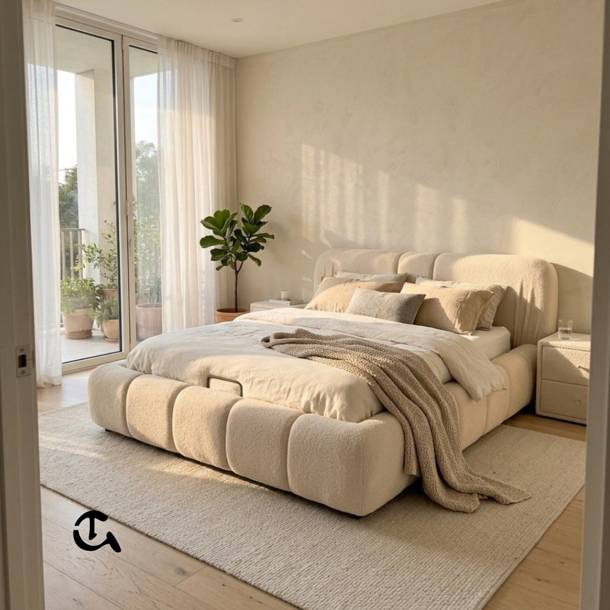 Chambre Bouclé Cozy : Lit design en tissu bouclé douillet et deux tables de chevet assorties. Une ambiance chaleureuse et épurée.
