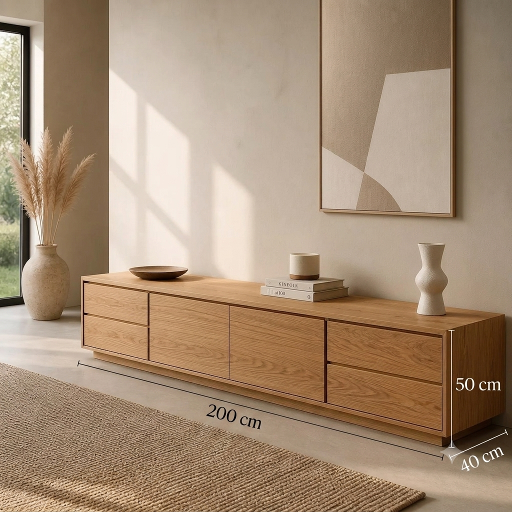 Un meuble TV en bois clair au design minimaliste et chaleureux.
Complété par une déco neutre pour une ambiance douce et élégante.