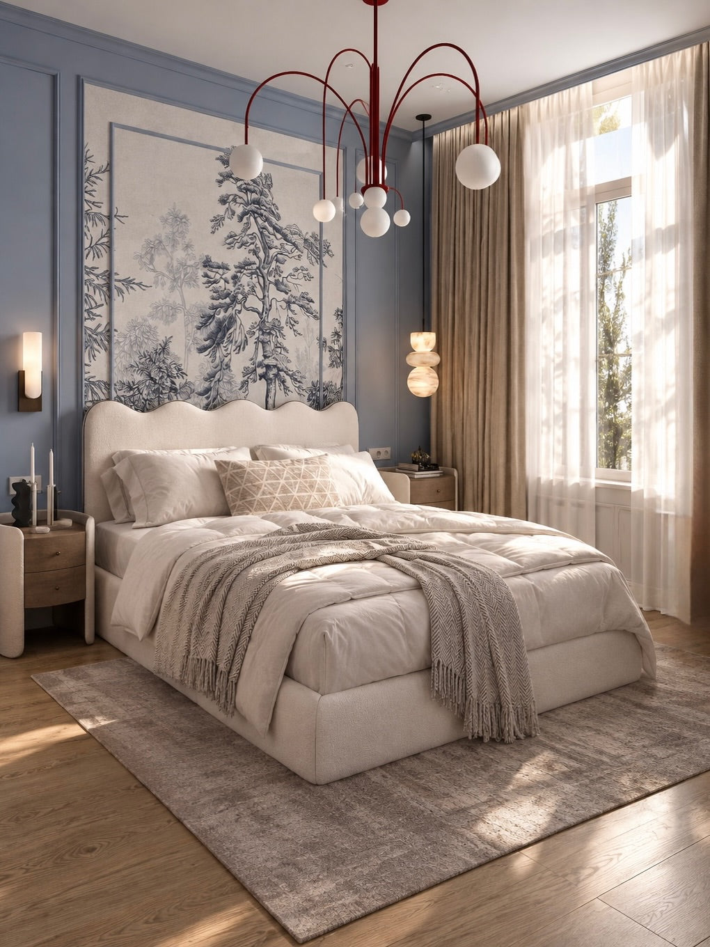 Lit Onde - Un lit au design moderne et élégant qui allie un confort exceptionnel à une esthétique raffinée. Doté d'une tête de lit enveloppante et d'un revêtement de haute qualité, il s'intègre parfaitement dans toutes les chambres pour un sommeil tout en