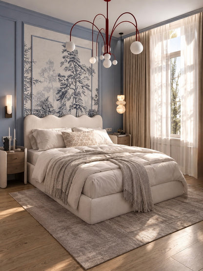 Lit Onde - Un lit au design moderne et élégant qui allie un confort exceptionnel à une esthétique raffinée. Doté d'une tête de lit enveloppante et d'un revêtement de haute qualité, il s'intègre parfaitement dans toutes les chambres pour un sommeil tout en