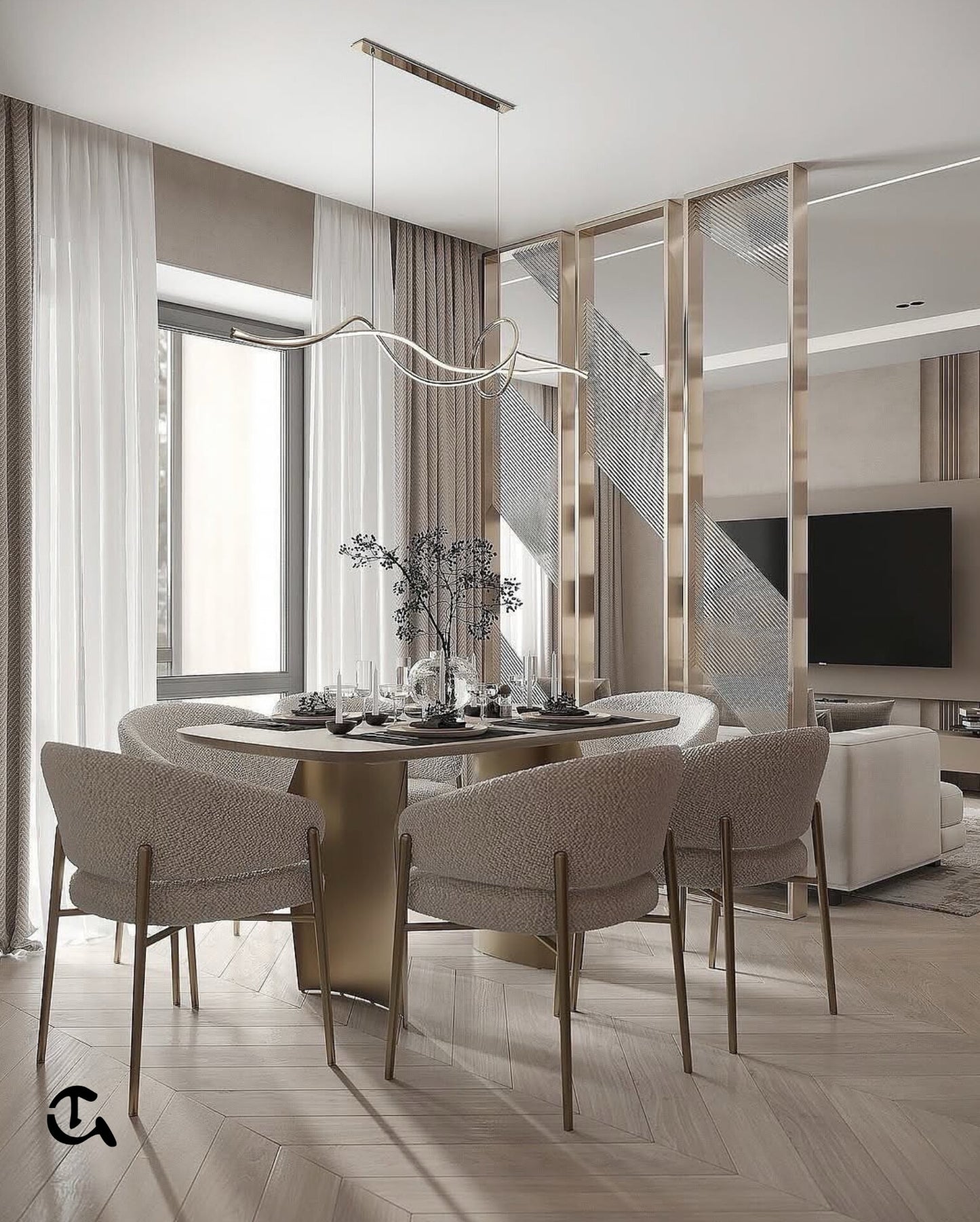 Écrin d'Ivoire
Une salle à manger chaleureuse en tissu bouclé et finitions dorées pour un style chic et épuré.
Aura Dorée
Un design moderne et lumineux qui associe matières nobles et minimalisme élégant.
