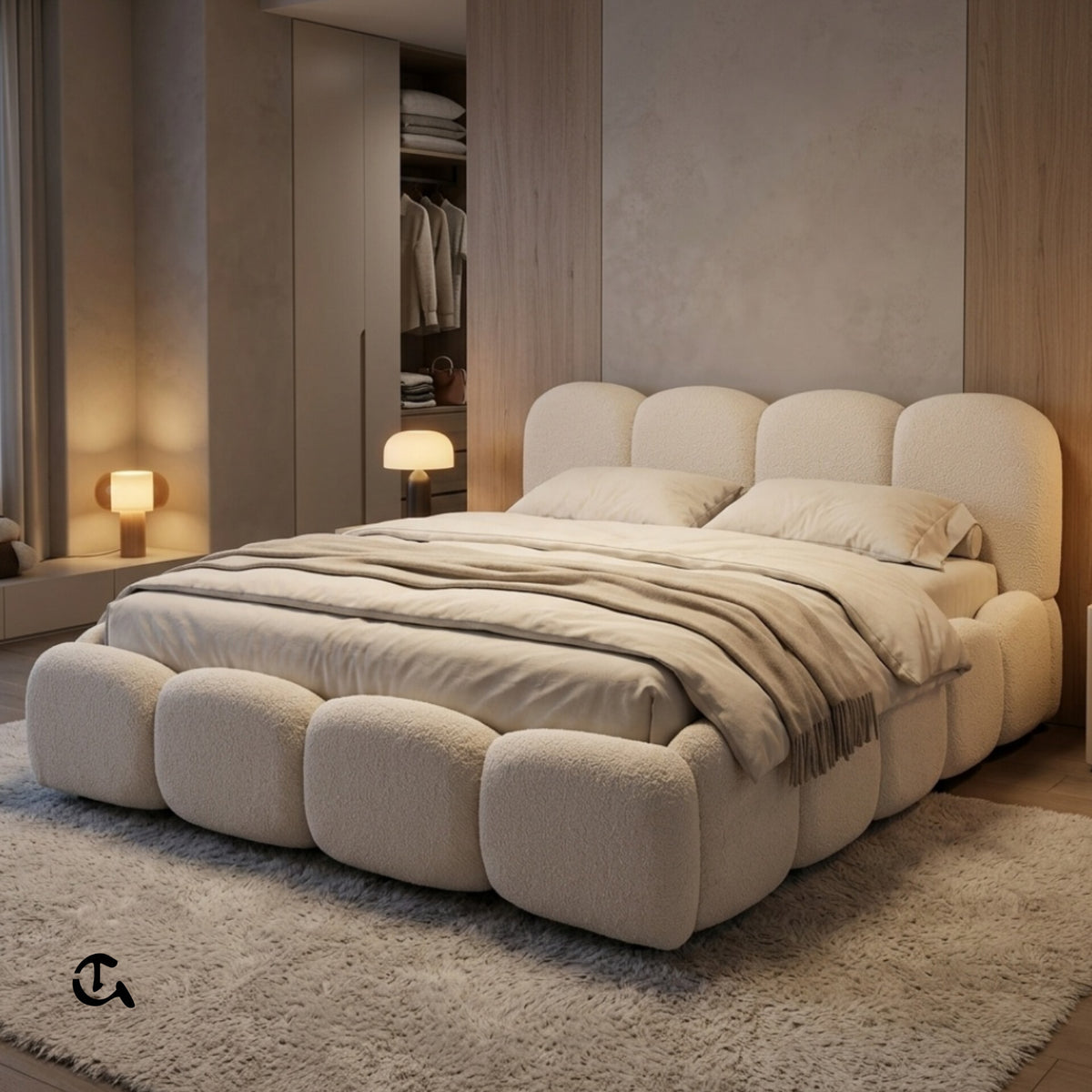 Un lit au design cocooning et moderne, entièrement revêtu de tissu bouclette ultra-doux. Inspiré par la forme d'un nuage, il offre un confort moelleux et apporte une touche chaleureuse et épurée à votre chambre."