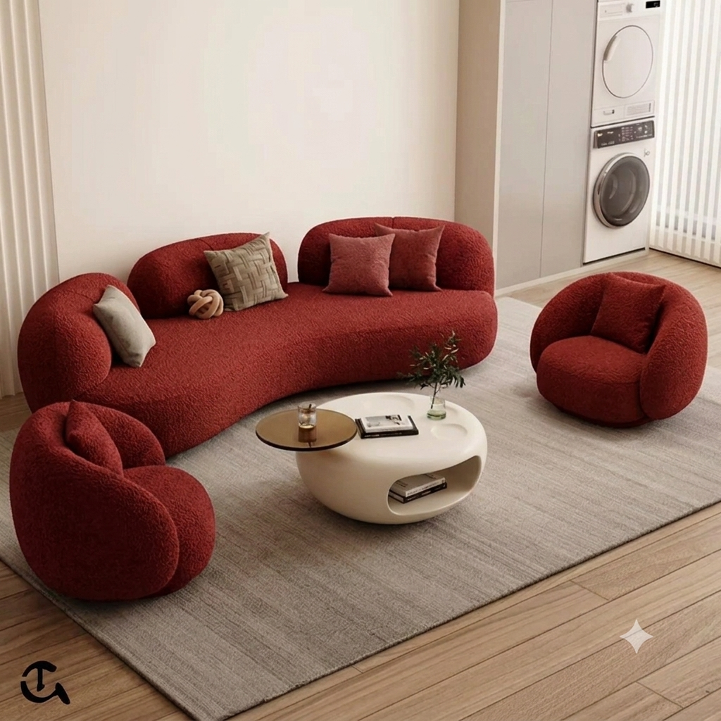 Canapé Curvé Organique en Tissu Bouclette – Terracotta