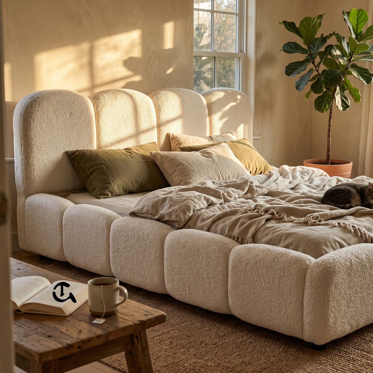 Un lit au design cocooning et moderne, entièrement revêtu de tissu bouclette ultra-doux. Inspiré par la forme d'un nuage, il offre un confort moelleux et apporte une touche chaleureuse et épurée à votre chambre."