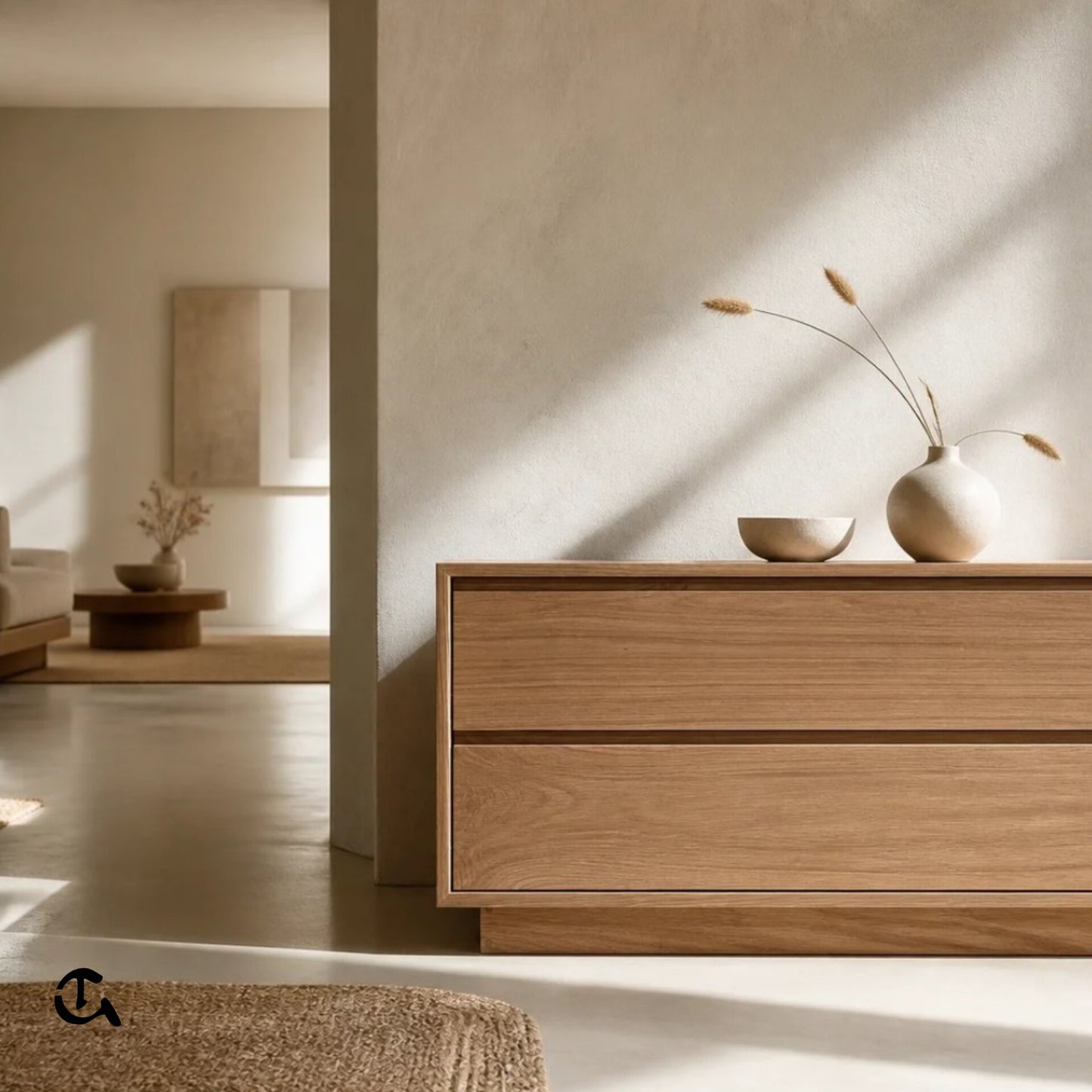 Un meuble TV en bois clair au design minimaliste et chaleureux.
Complété par une déco neutre pour une ambiance douce et élégante.