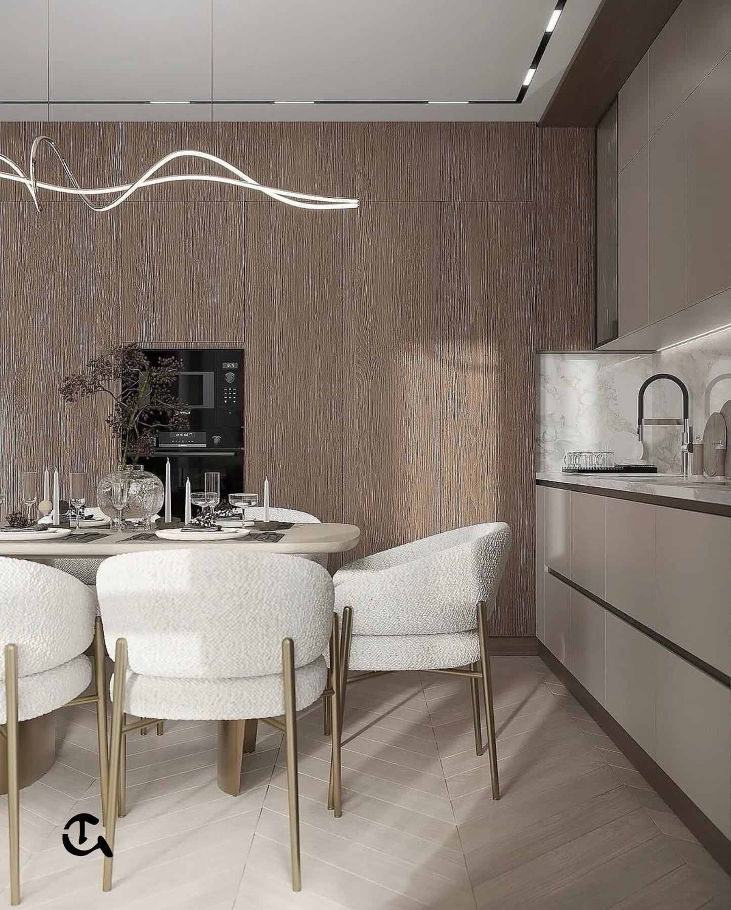Écrin d'Ivoire
Une salle à manger chaleureuse en tissu bouclé et finitions dorées pour un style chic et épuré.
Aura Dorée
Un design moderne et lumineux qui associe matières nobles et minimalisme élégant.