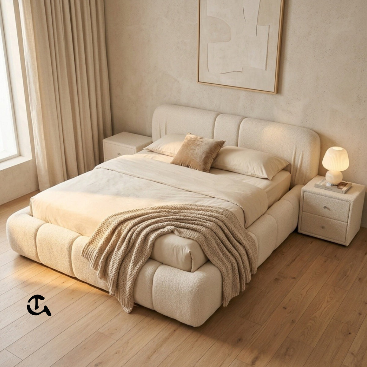 Chambre Bouclé Cozy : Lit design en tissu bouclé douillet et deux tables de chevet assorties. Une ambiance chaleureuse et épurée.