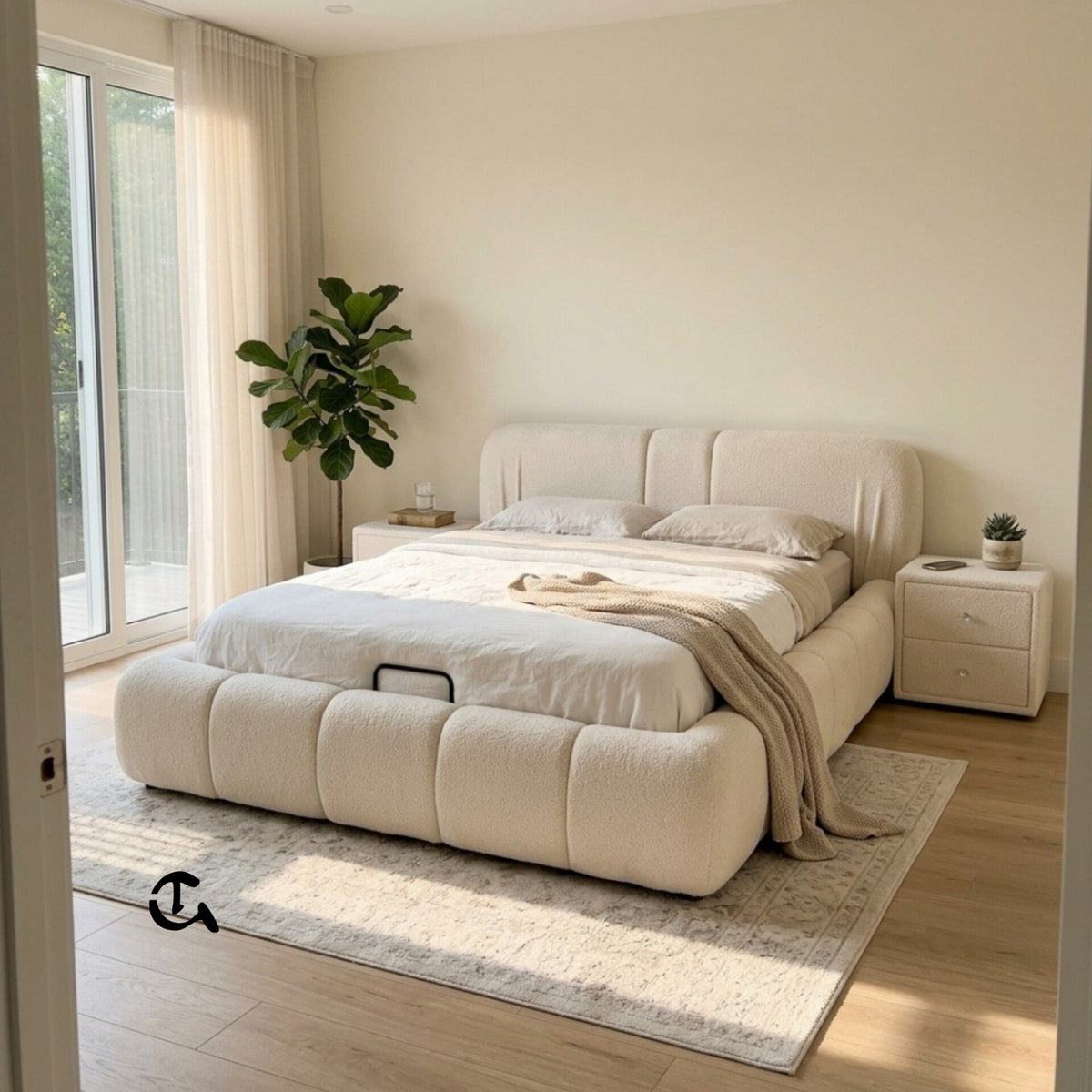 Chambre Bouclé Cozy : Lit design en tissu bouclé douillet et deux tables de chevet assorties. Une ambiance chaleureuse et épurée.