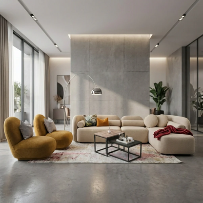 Élégance Moderne & Chaleur Boisée
Un salon contemporain d'exception alliant le confort de fauteuils texturés à la noble chaleur du bois pour un intérieur ultra-chic.