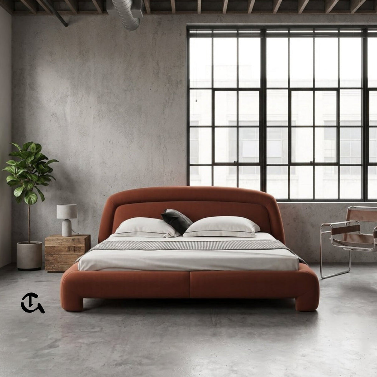 Le Cocon d'Ambre
Une chambre à coucher chaleureuse et raffinée, où la douceur du velours couleur terre cuite rencontre la naturalité du rotin et du bois clair. La lumière tamisée qui filtre à travers les rideaux en lin crée une atmosphère apaisante, idéa