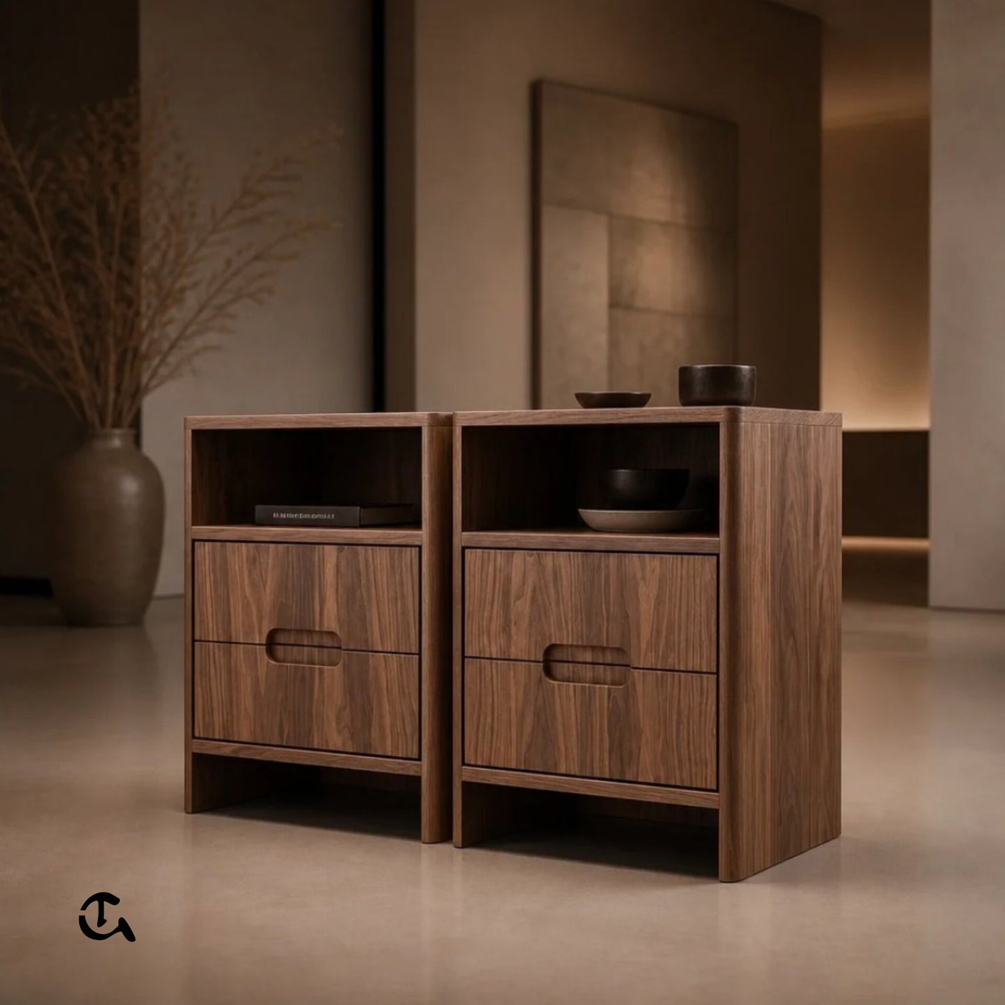 Commode moderne en bois de noyer avec tiroirs et niche de rangement.