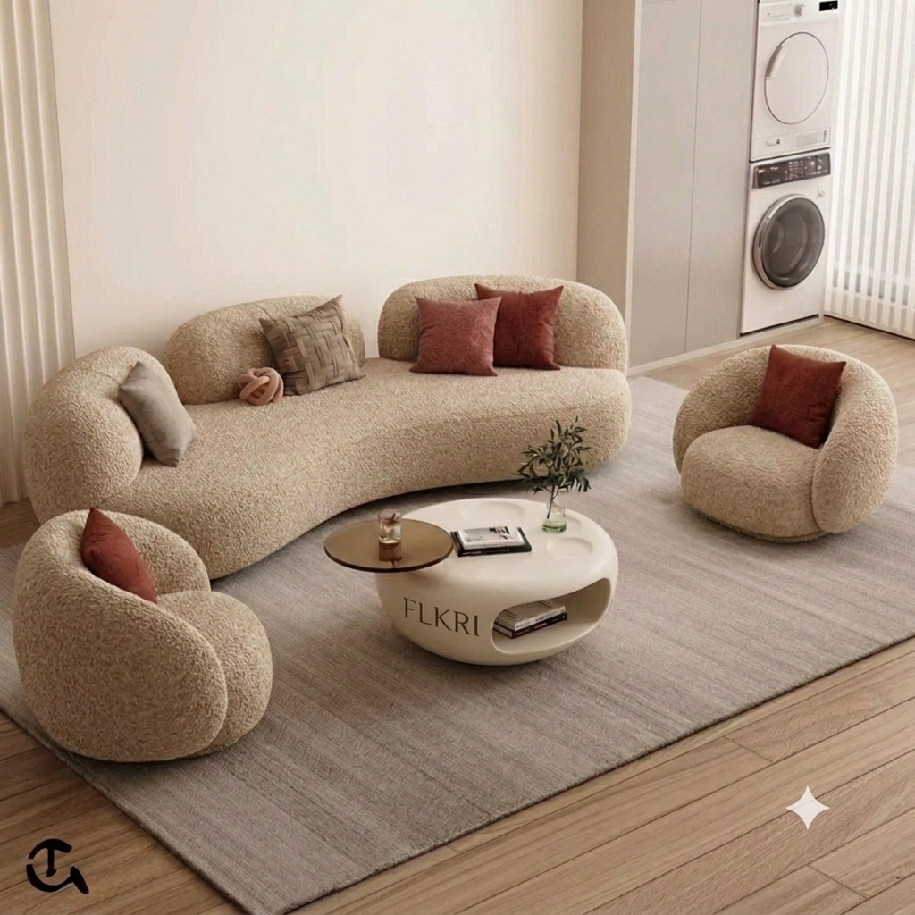 Canapé Curvé Organique en Tissu Bouclette – Terracotta