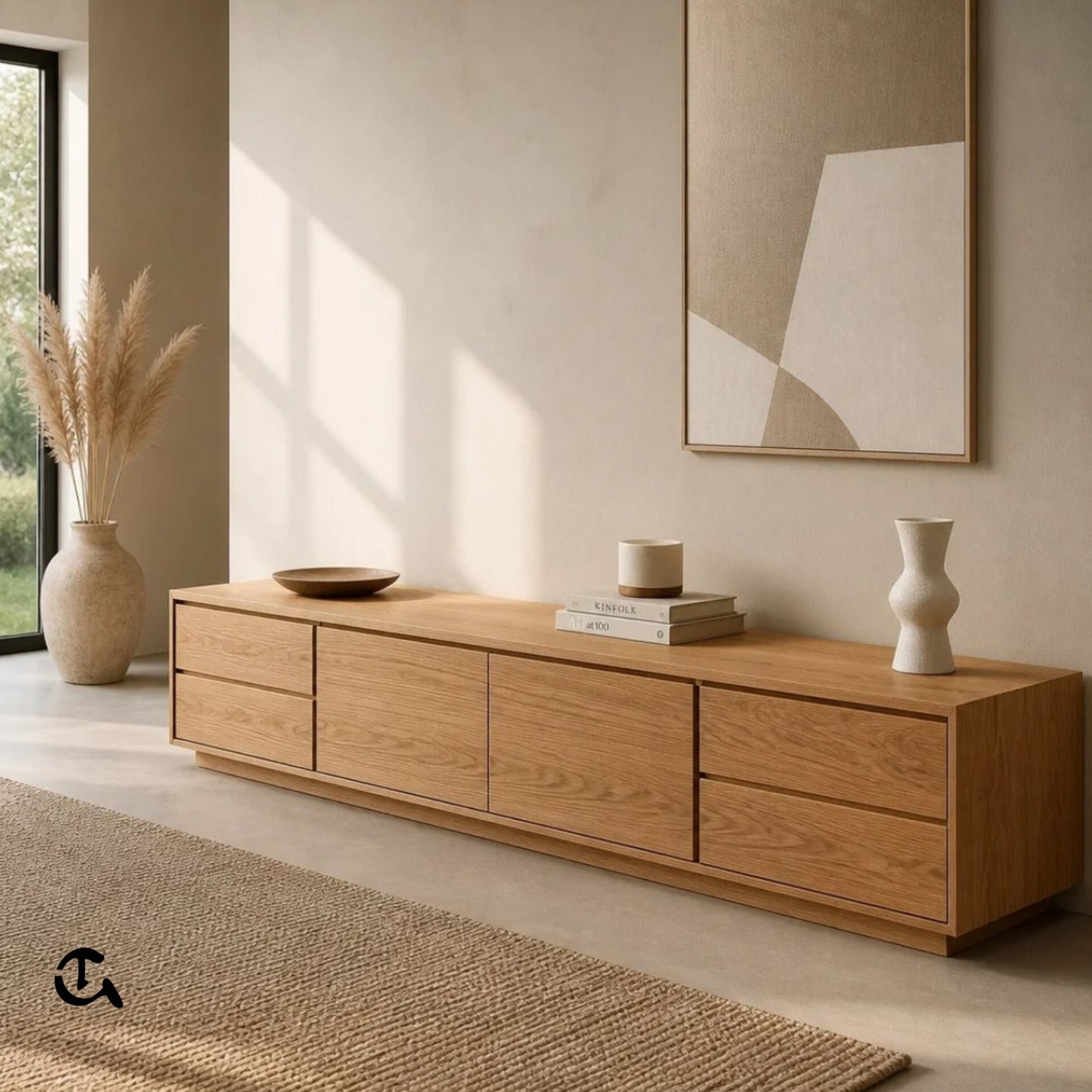 Un meuble TV en bois clair au design minimaliste et chaleureux.
Complété par une déco neutre pour une ambiance douce et élégante.