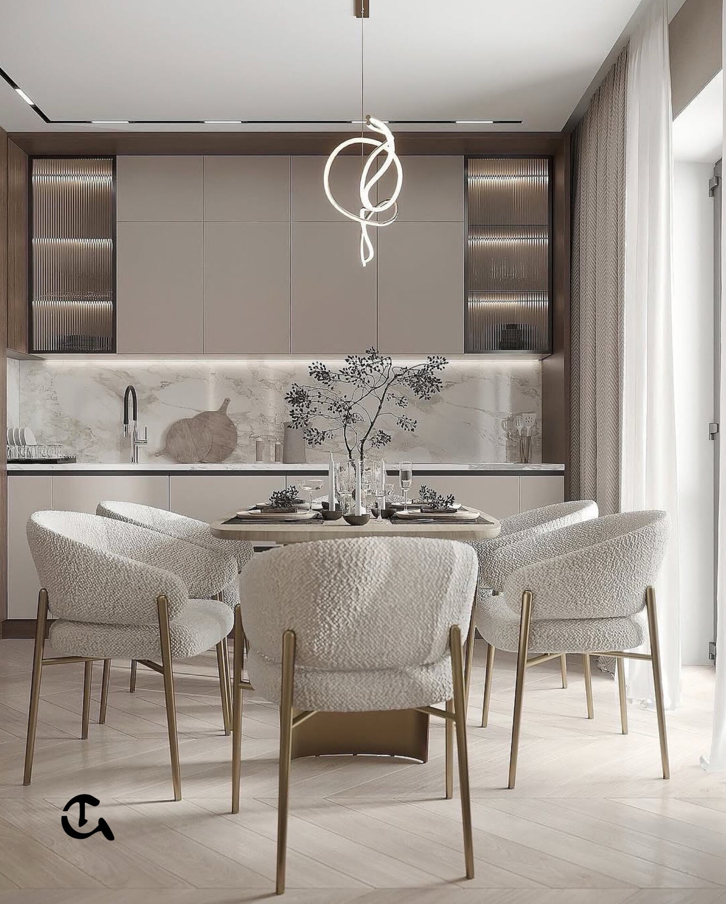 Écrin d'Ivoire
Une salle à manger chaleureuse en tissu bouclé et finitions dorées pour un style chic et épuré.
Aura Dorée
Un design moderne et lumineux qui associe matières nobles et minimalisme élégant.